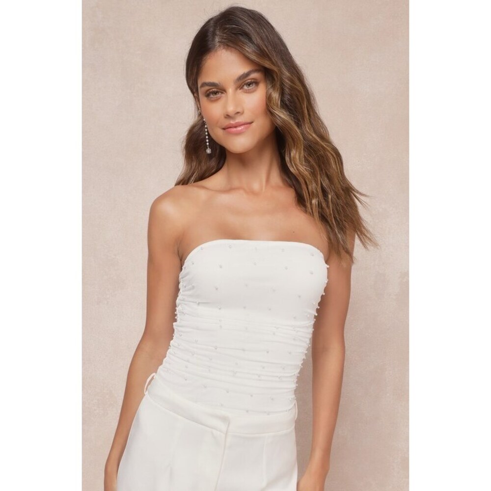 Lulus Flirty Glamour White Mesh Pearl Strapless Crop Top - Size M